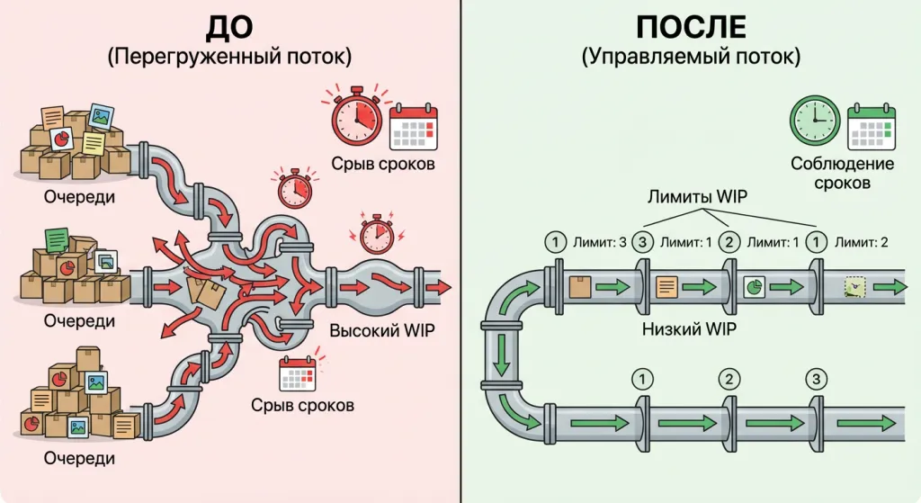 WIP и срок. перегруженный поток с очередями и управляемый поток с лимитами