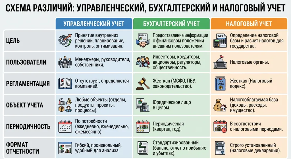 различия между управленческим, бухгалтерским и налоговым учетом